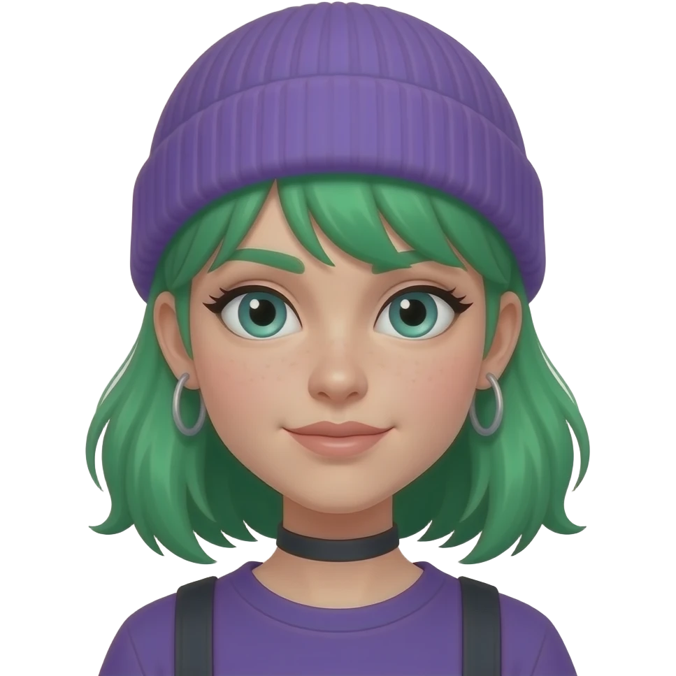 very green haired girl with purple beanie and earrings emoji