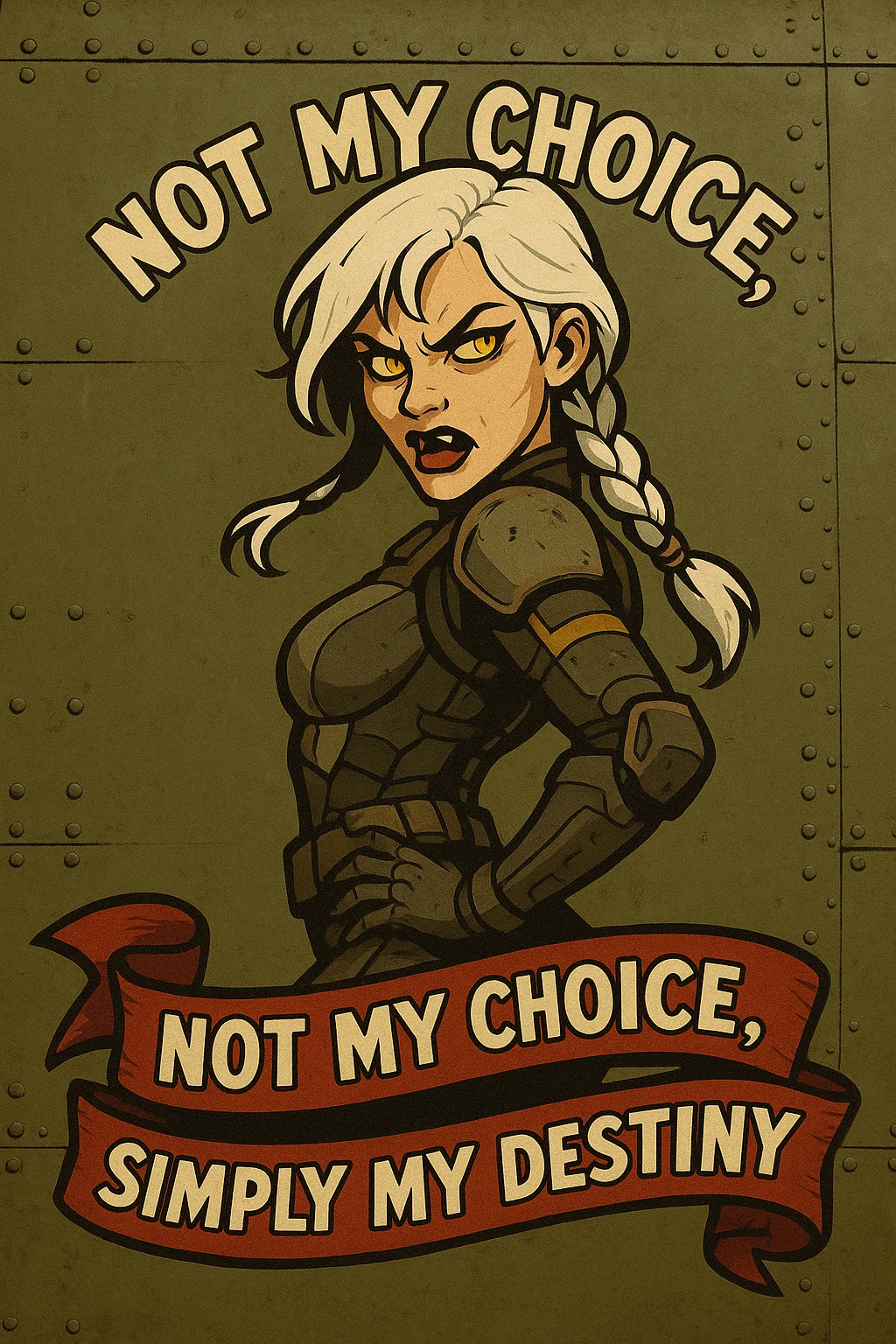 a retro military pinup fuselage decoration for the motto " not my choice, simply my destiny "
; female figure young and gorgeous, white hair 1 braid, gold yellow eyes, spacer, fierce, exo-rogue, menacing yet taunting emoji