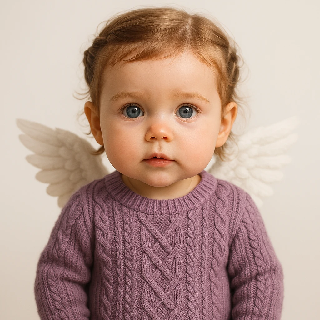 3D realistic game concept art of a cute baby girl, golden brown hair in little braids, charming blue eyes, wearing a cute purple knit sweater, with angel wings on her back, front view, clean background, high-end, creative, minimalist emoji