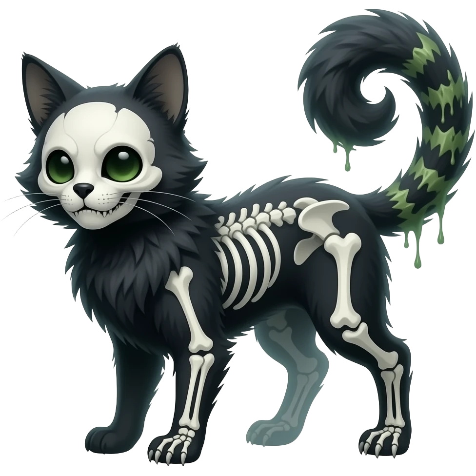 Scaley Kawaii spectral spooky dark bleak blackish swampy white-skeletal gloomy ghostly dark greyish dark-deep-greenish foggy eldritch beautiful realistic edgy fantasy ghoul-like stitched feline-vernid-sergal-fursona animal creature with a tufted tail full body with intricate markings emoji