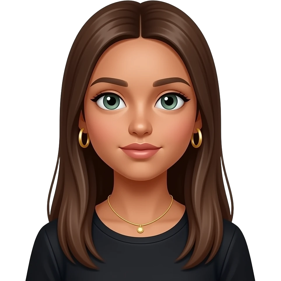 17 year old girl with straight very long  brown hair, green-grey eyes, tan skin, gold hoop earrings, dainty gold necklace, wearing a black top emoji