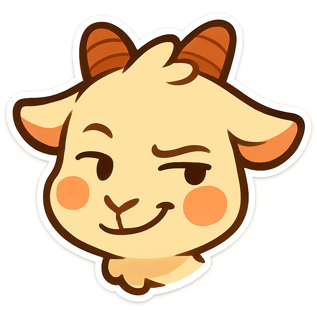 Edit the chibi goat head to look to the side with a little smirk and a mischievous expression, add a slight blush on the cheeks. Keep the simple, clean chibi stickers style and maintain a white background. Designed for a small emote. emoji
