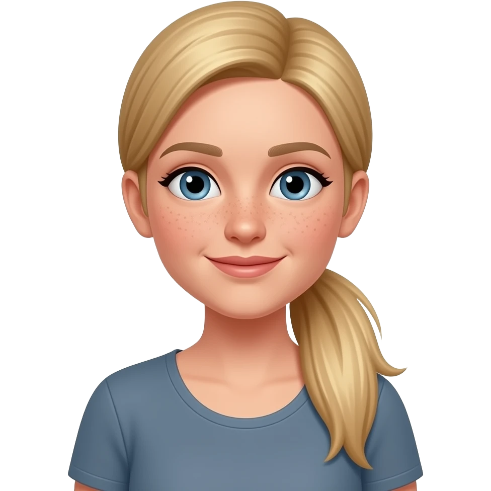 young white, long striaght blonde hair in pony tail, teacher  with freckles in a casual top emoji