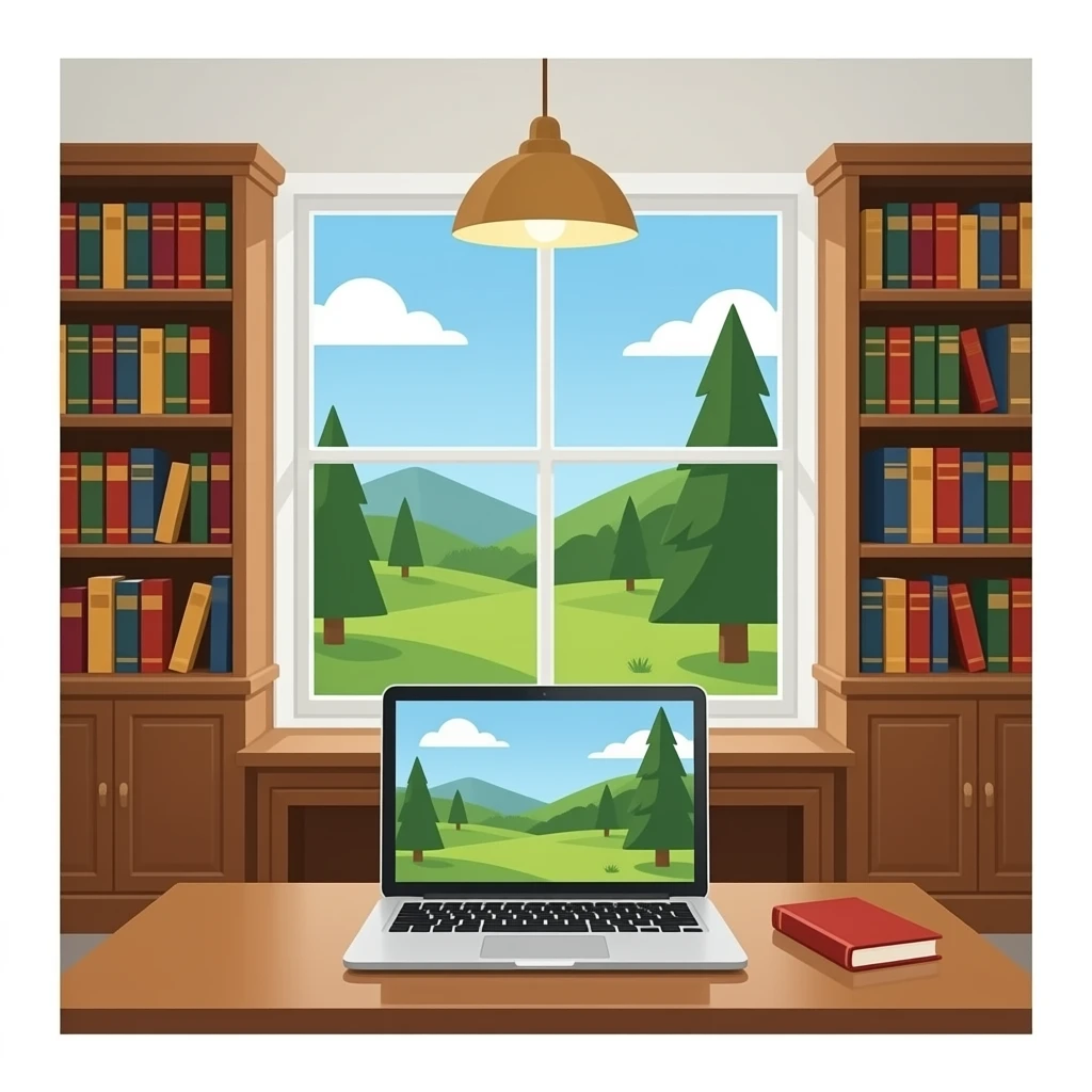 Как в литературном салоне, но на первом плане ноутбук. emoji