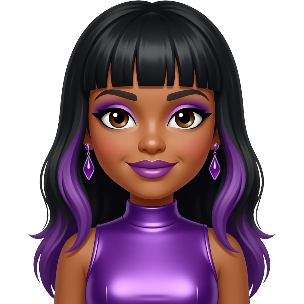 Breaunna "Babydoll" Womack from OMG Girlz with dark skin, dark brown eyes, long black bang hair with purple ombre, purple eyeshadow, purple lipstick, purple metallic high neck dress, earrings emoji