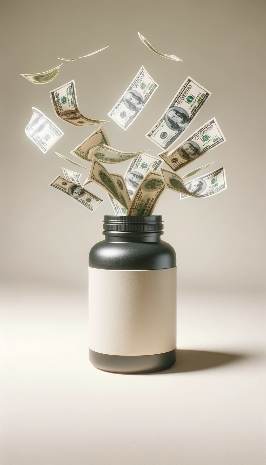boccetta di integratore fluttua in aria, dalla boccetta aperta escono delle banconote, sfondo neutro chiaro, iperrealistico 4k emoji