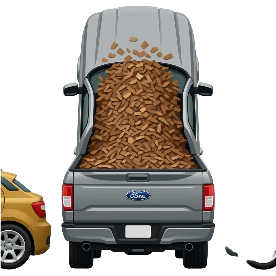 Gray F150 with full of bark chips in the back upside down in between two other cars emoji