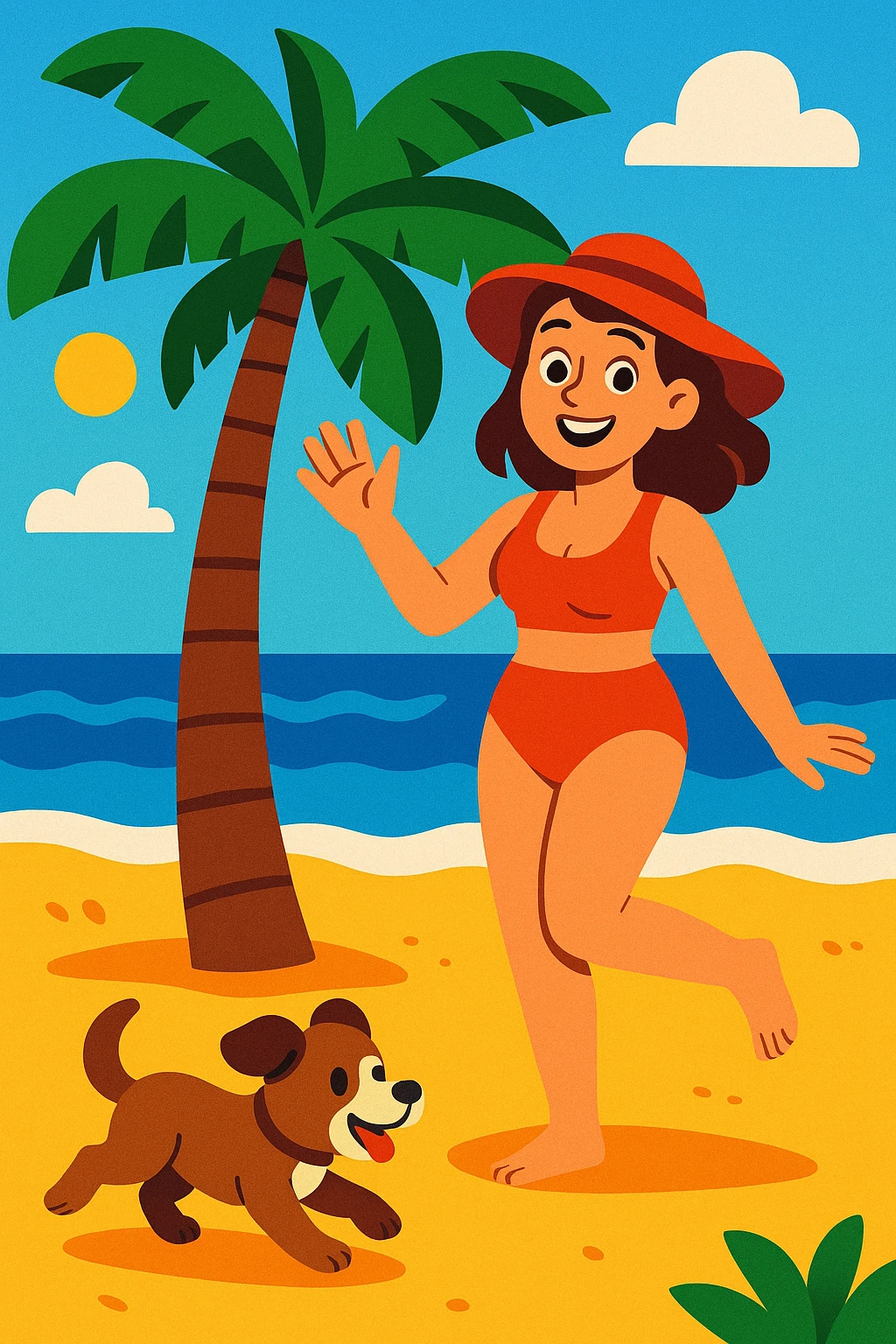 a woman in swimwear on a beach with a palm tree and a puppy, vibrant and inviting style emoji