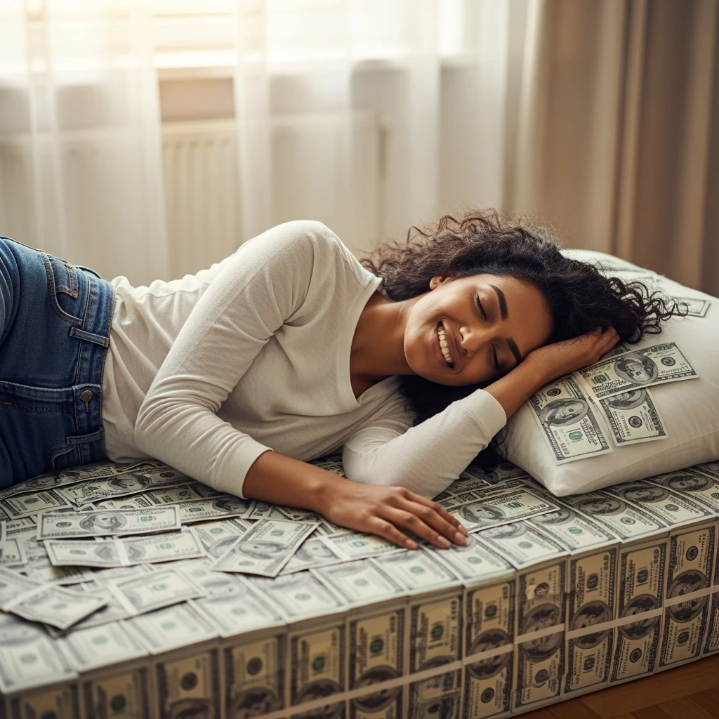 happy person napping on mattress of money emoji
