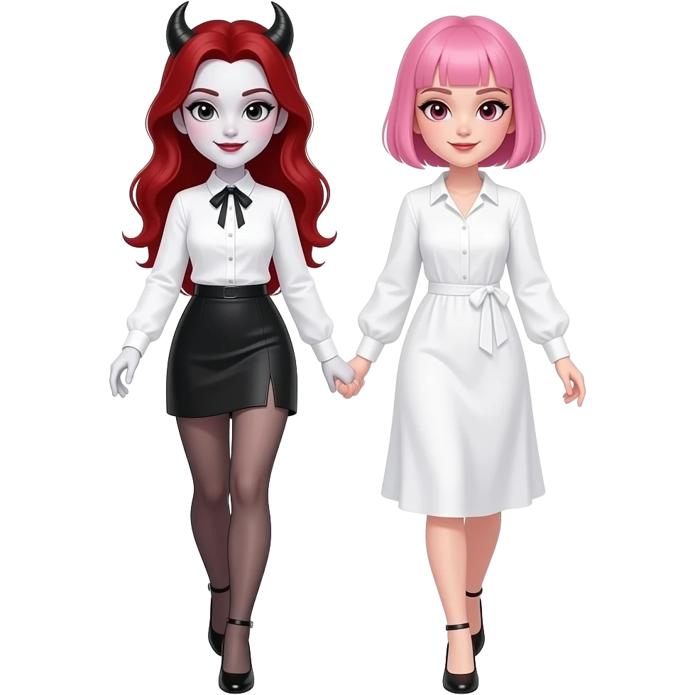 Vampiro femmina ADOLESCENTE con pelle bianca e capelli rossi raccolti in mezza cosa indossa una gonna corta e una camicetta bianca con i tacchi neri e cammina con la sua amica VAMPIRA con i capelli corti rose e la frangia e con una camicetta bianca lunga che fa' da vestito emoji