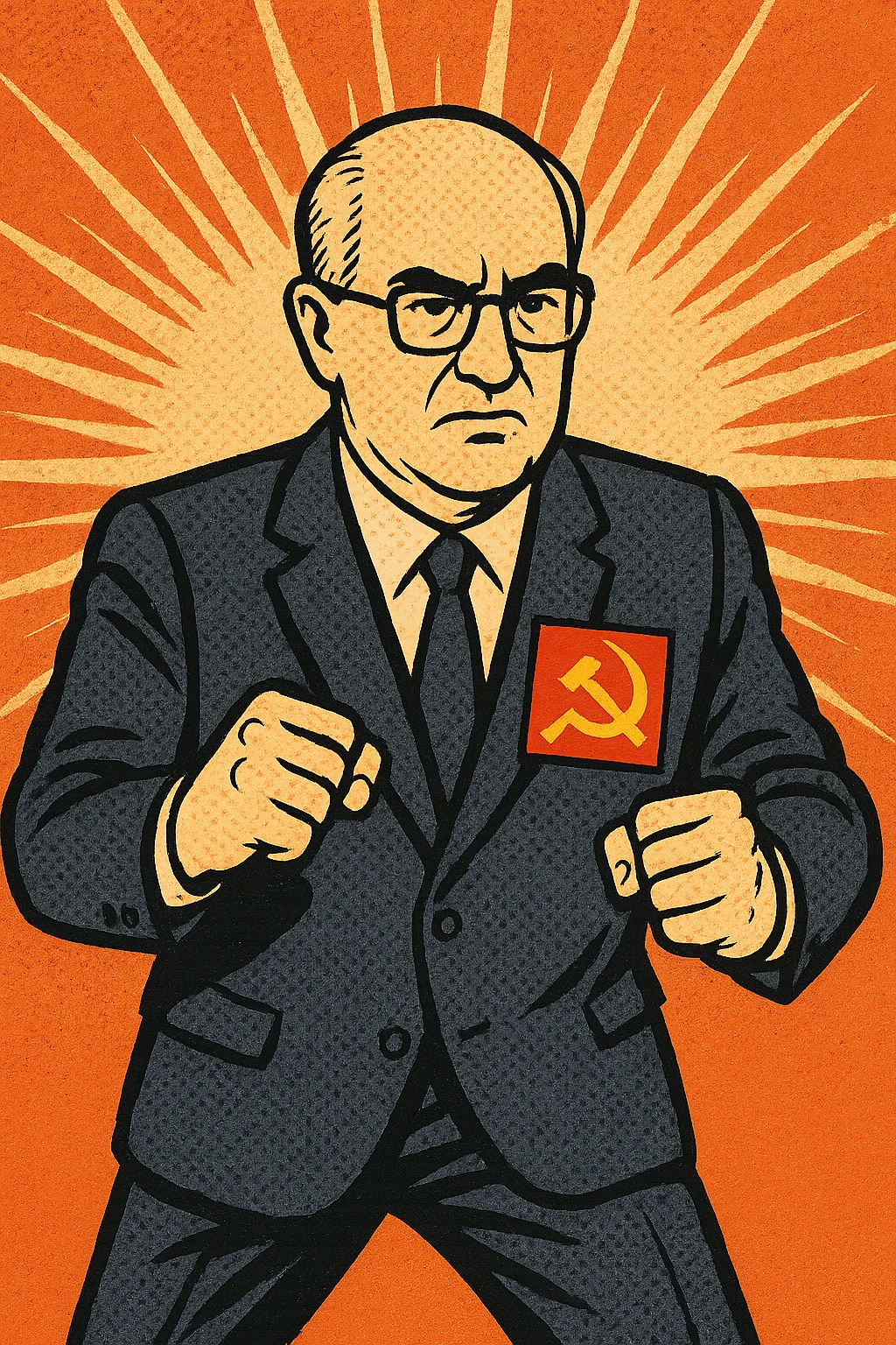 The full body of Soviet leader Yuri Andrapov looking determined with his fists out ready to fight. He has a large Communist flag badge on his chest emoji