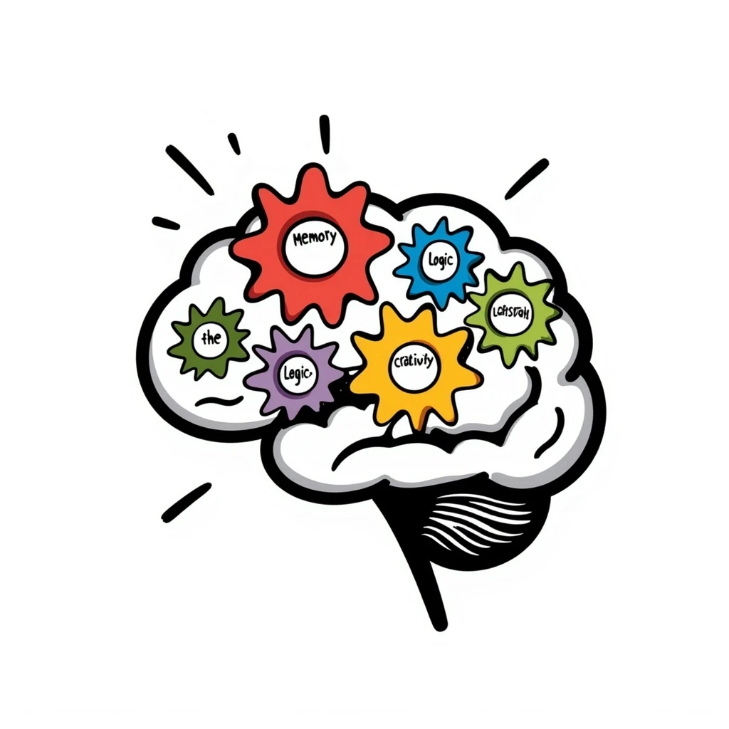 a brain with colorful gears inside, playful hand-drawn doodle style emoji