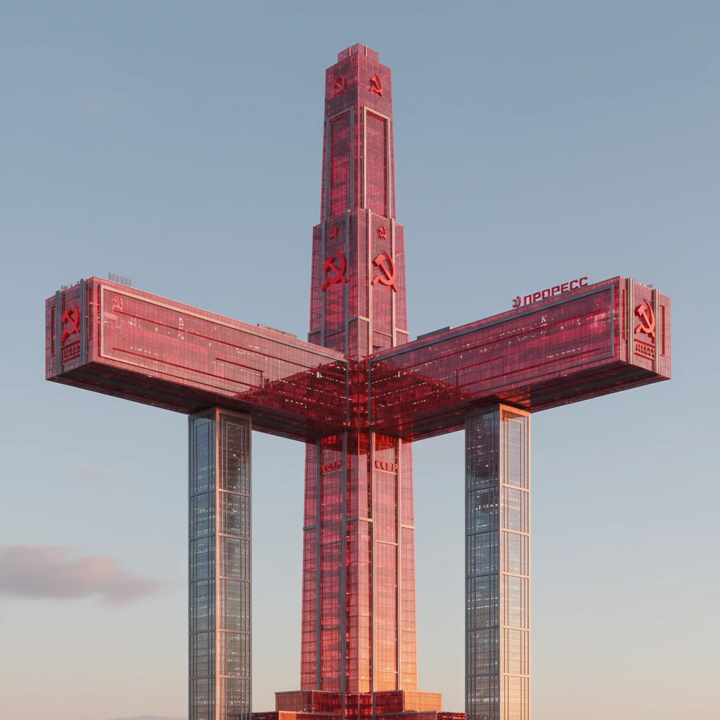 Небоскреб с советской символикой, красное прозрачное стекло. Два высоких небоскреба в его основании, стоят далеко друг от друга. На них лежит огромный горизонтальный небоскреб, очень длинный в обе стороны.

Фотореализм. Абсолютно прозрачный фон emoji