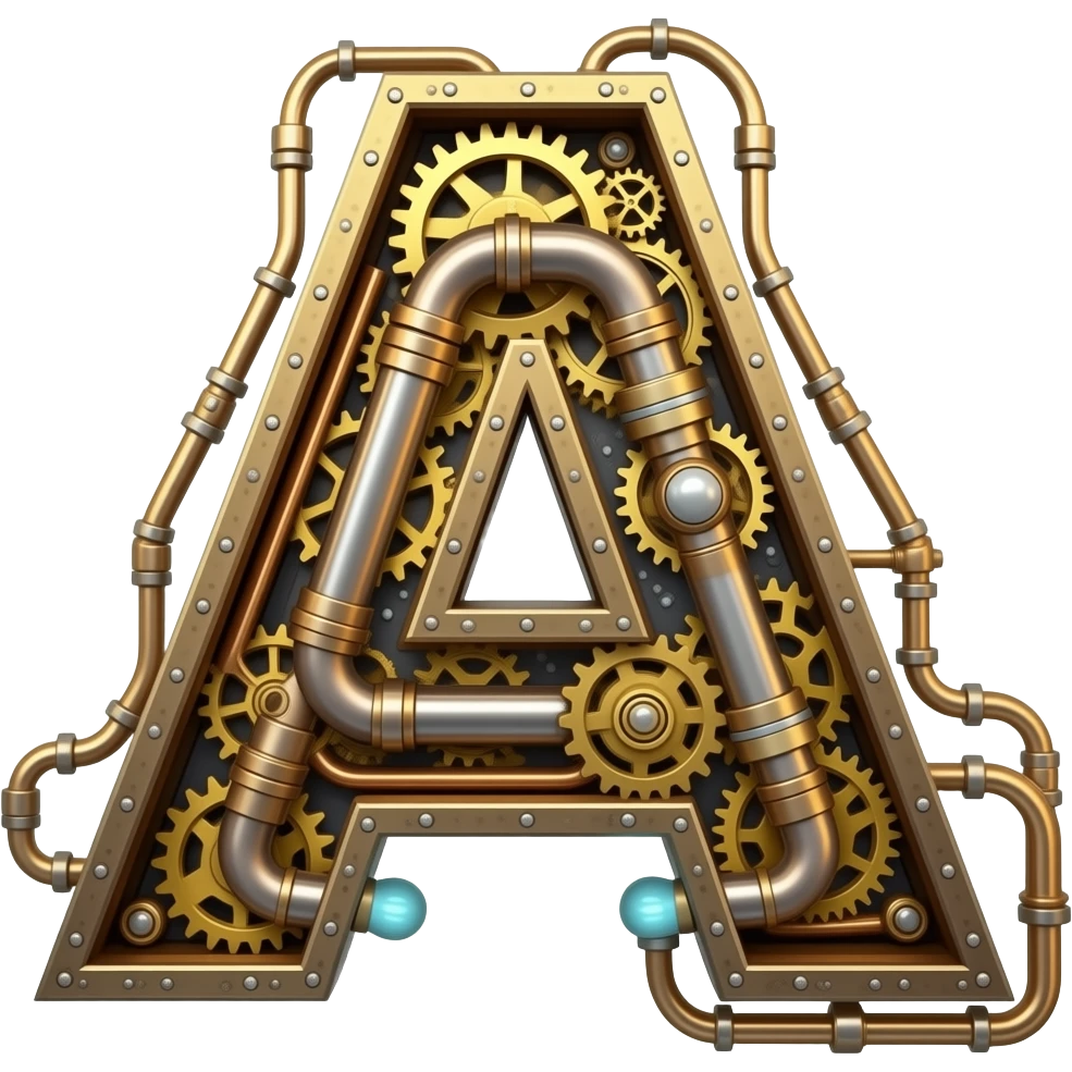 A complex Steampunk Letter 'A' constructed from interlocking brass gears, copper pipes, and tiny hissing steam vents. Small glowing blue Edison bulbs attached to the frame, mechanical clockwork style, highly detailed textures emoji