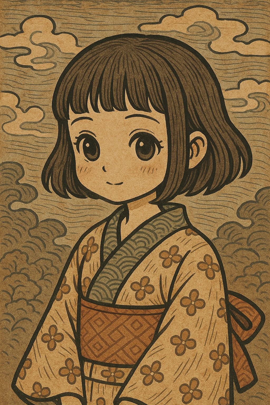 cute girl with blunt bangs, mid-short hair, big eyes, soft anime style emoji