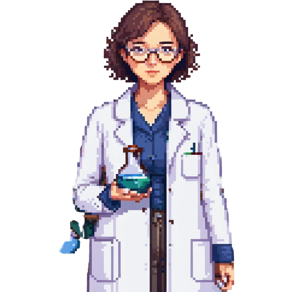 Flat pixel art, a female chemist, wearing glasses, white lab coat over indigo shirt, focusing on lab experiment, holding a flask in her right hand, waist-up, front-facing emoji
