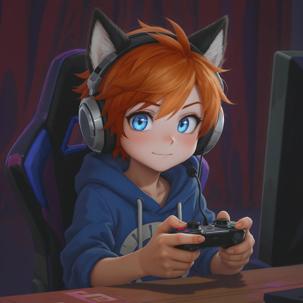 Red hair blue eye boy gaming with wolf ears emoji