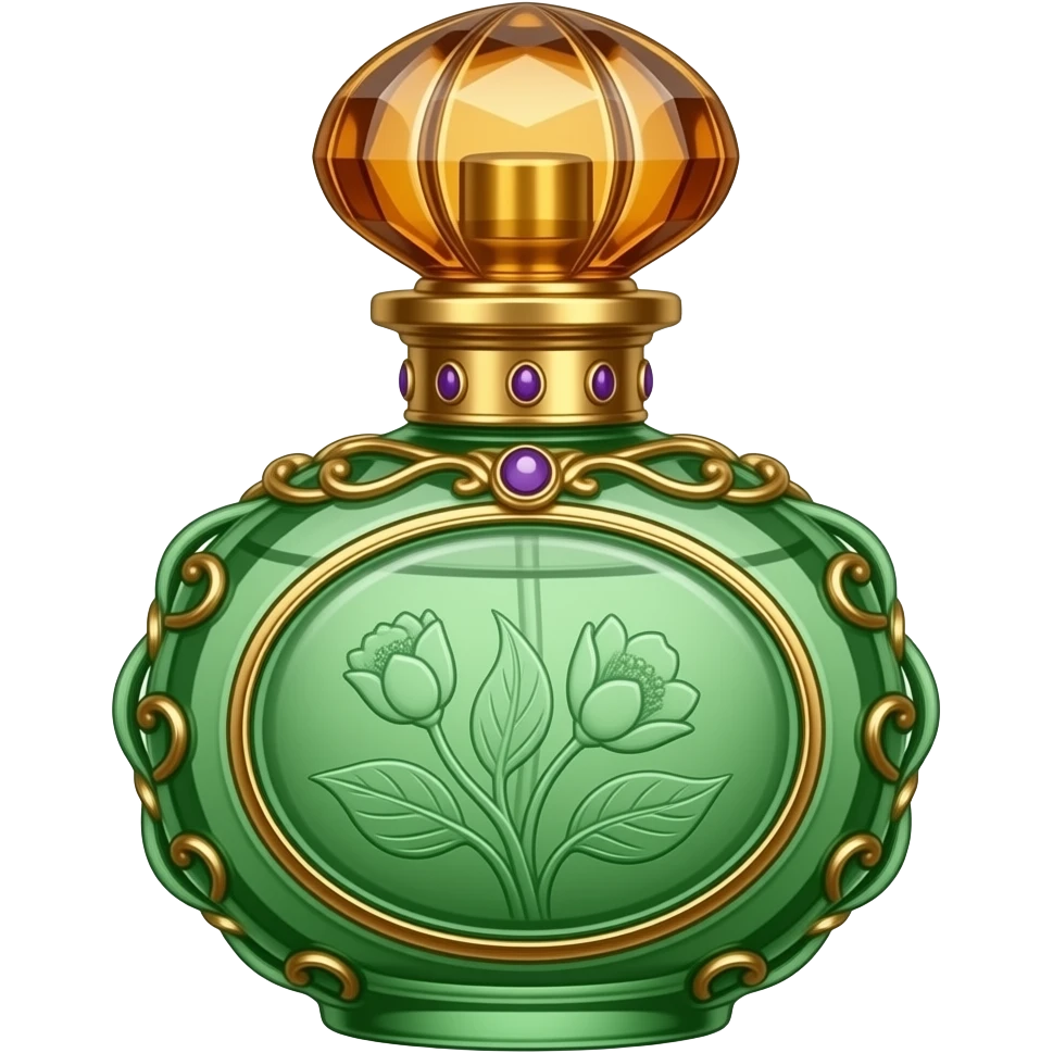 An elegant perfume bottle in emerald green glass and warm amber crystal, with floral engraving, gold detailing, and subtle violet accents, rendered in a sophisticated botanical fantasy style. emoji