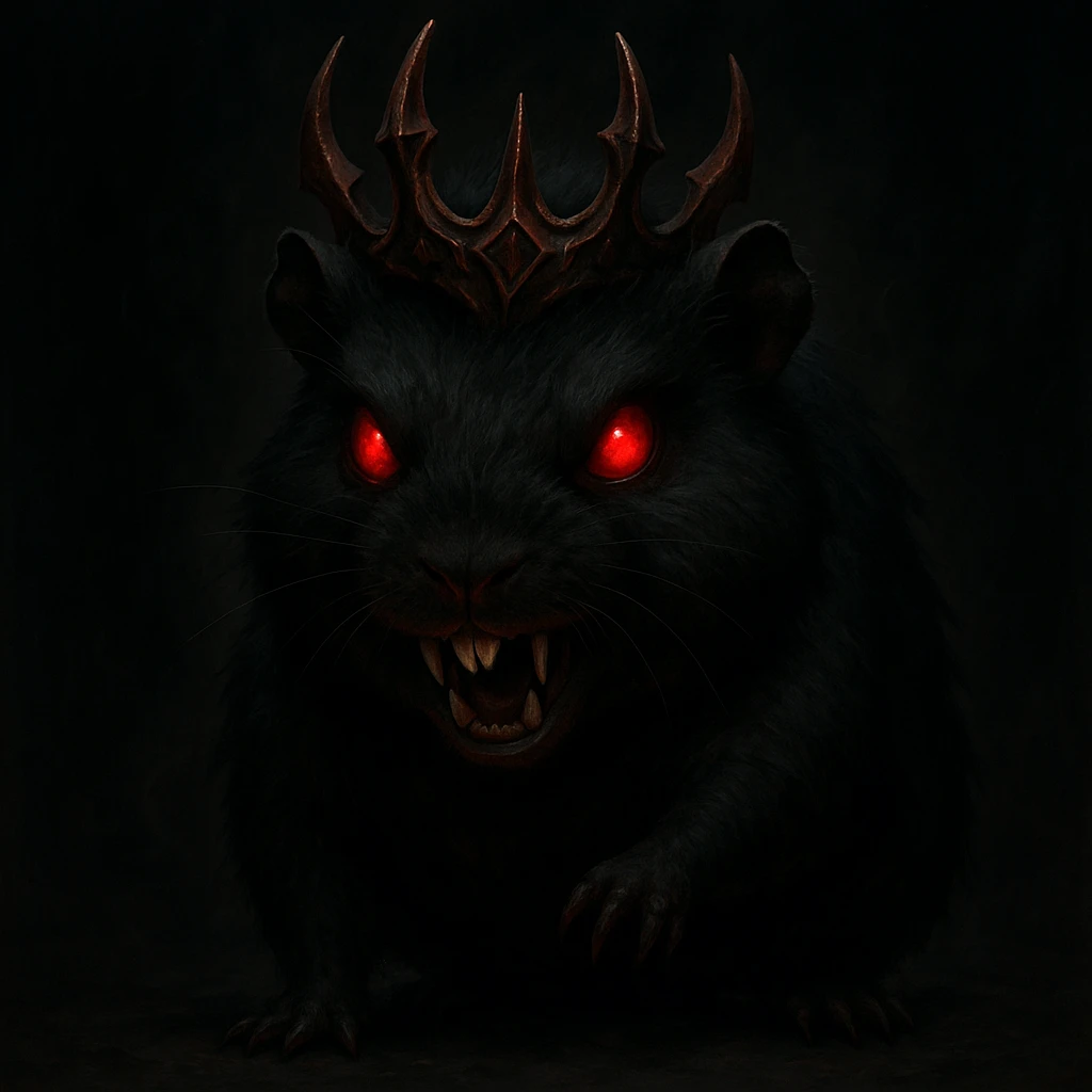 evil black guinea pig, red eyes, demon crown, sharp teeth, menacing pose, dark background emoji
