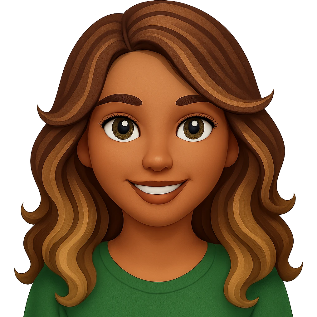Make her eyes a little darker, give her a rounder face, and a soft smile. Keep the iPhone emoji style with long wavy hair with brown roots and blonde highlights, brown eyebrows, and summer tan. Maintain the transparent background. emoji