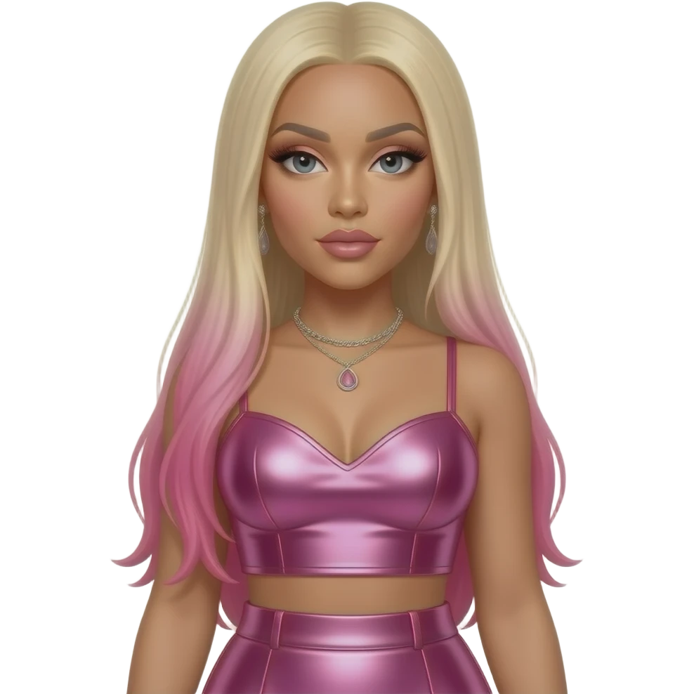 Nicki Minaj with dark grey eyes, long blonde straight hair with hot pink ombre, pink metallic sweetheart crop top, pink metallic skirt, necklace and earrings emoji
