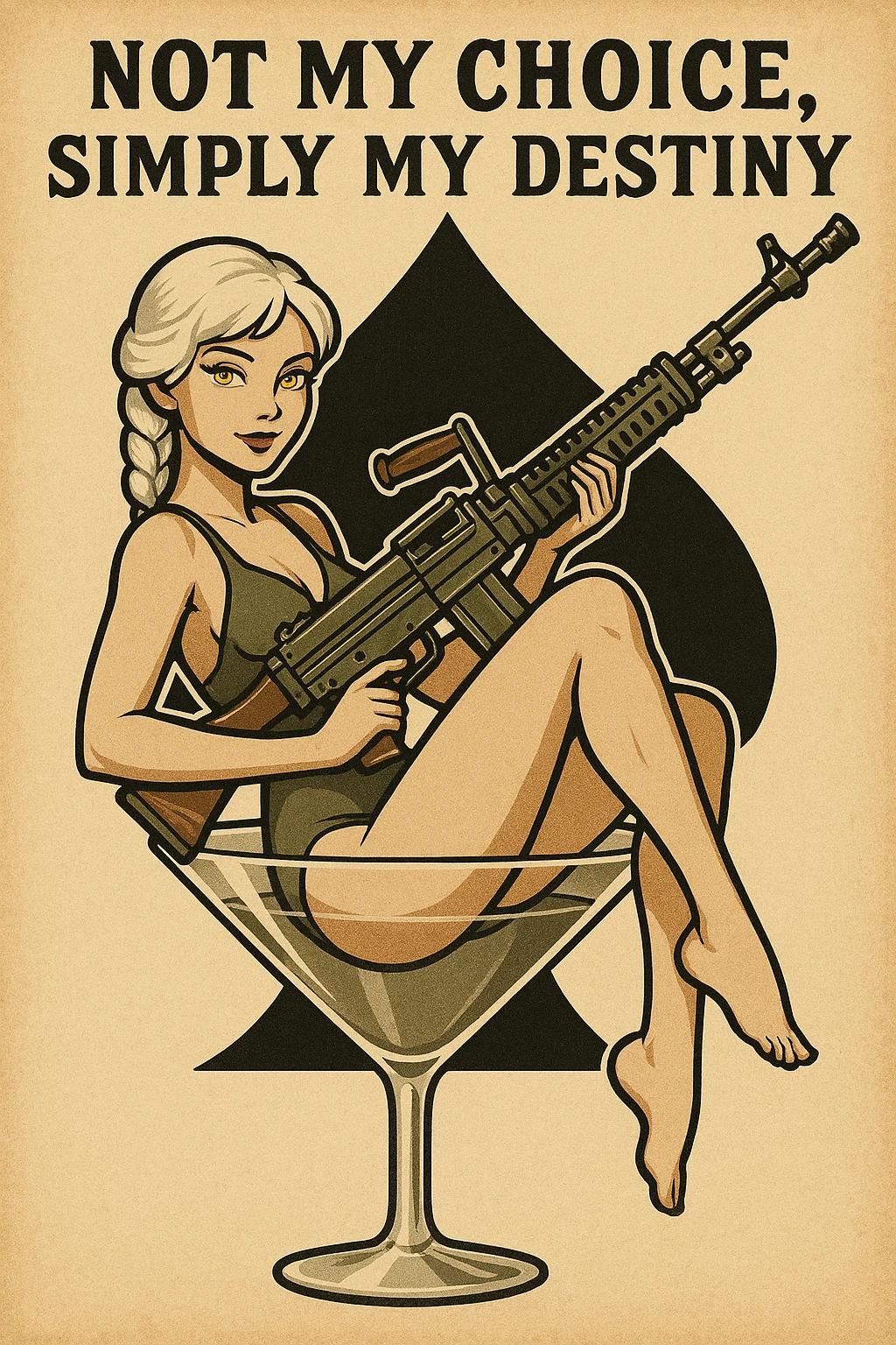 a retro military pinup " not my choice, simply my destiny "
; female figure young,gorgeous, white hair 1 braid, gold yellow eyes, sitting in a martini glass with a massive LMG in a swimsuit in front of a large 'spade' that frames the design emoji