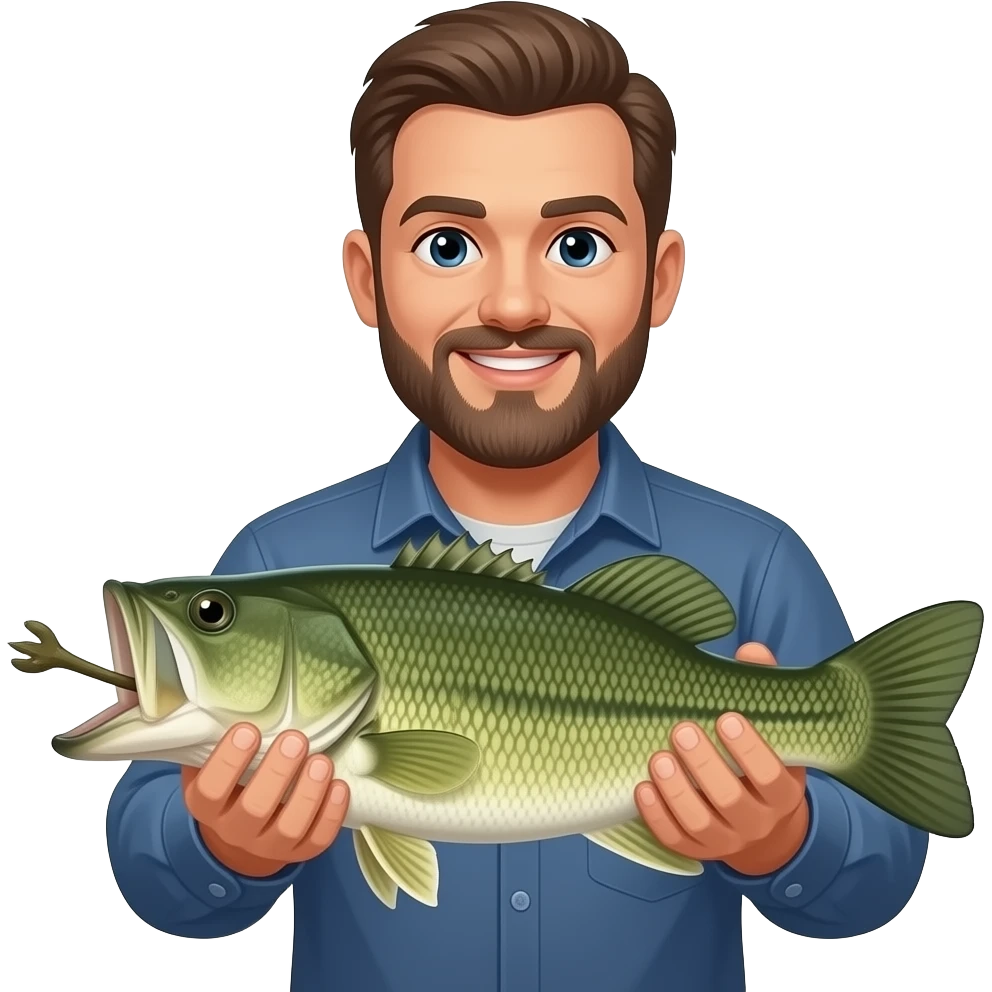 a guy holding a largemouth bass that tried to eat another bass head first with the tail sticking out of its mouth emoji