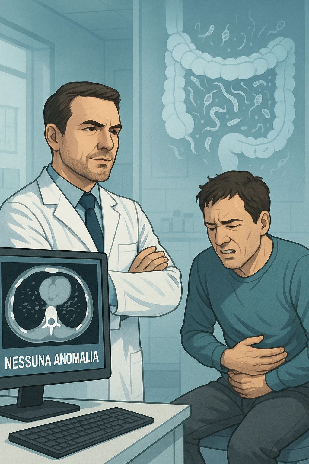 Medico in camice bianco in uno studio moderno, mentre osserva una TAC o ecografia su uno schermo con espressione convinta. Accanto a lui, un paziente seduto che lamenta dolori intestinali. Sullo sfondo, un’immagine traslucida dell’intestino pieno di piccoli parassiti stilizzati (vermi, protozoi), non visibili nel monitor medico. Il monitor mostra 'nessuna anomalia', ma dietro c’è la realtà invisibile. Atmosfera clinica ma con contrasto simbolico tra 'ciò che si vede' e 'ciò che sfugge'. Colori freddi, luce ospedaliera in italiano emoji