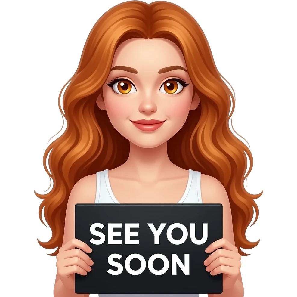 sexy girl with long wavy ginger hair and ginger eyes wearing a white tanktop is holding a black colored sign with SEE YOU SOON written on it emoji