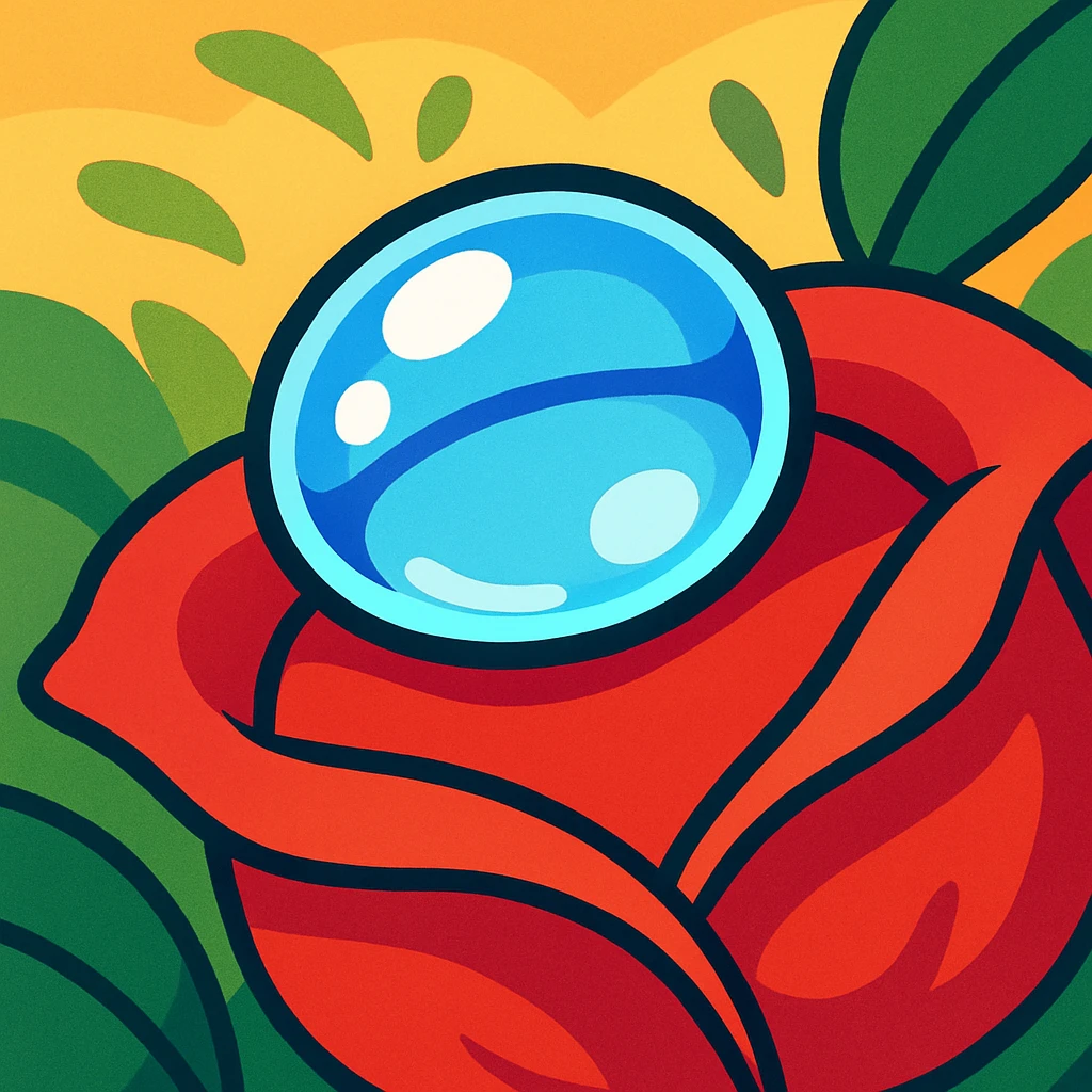 a stylized dew drop on a rose petal, vibrant colors, cartoon style emoji