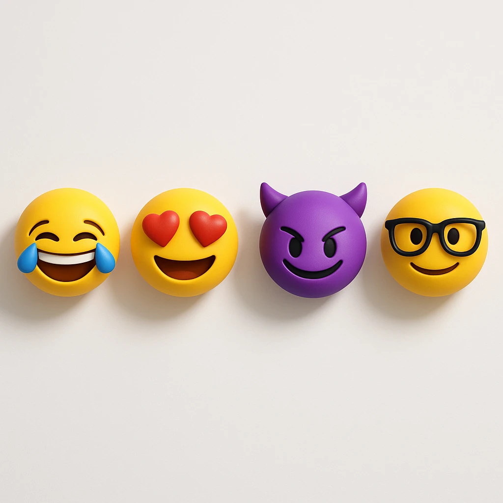 make four emojis on white background with good amount of shadow, four emojis of smiley's only. one laughing, second heart eyes, third purple devil and four black glasses emojis  emoji
