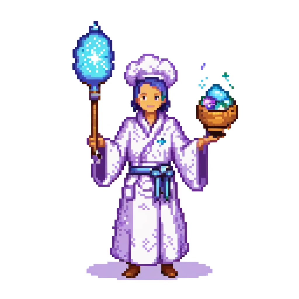 Portrait of a galactic baker in skeuomorphism style, same pose and lighting as previous levels, wearing a nebula-textured robe, holding a galaxy-shaped whisk, glowing flour particles floating around emoji