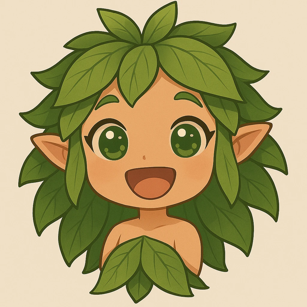 Remove the animal from the image. Make the chibi forest nymph show a big grin instead of a smile. Keep the leafy hair and happy expression. Style: chibi stickers. emoji