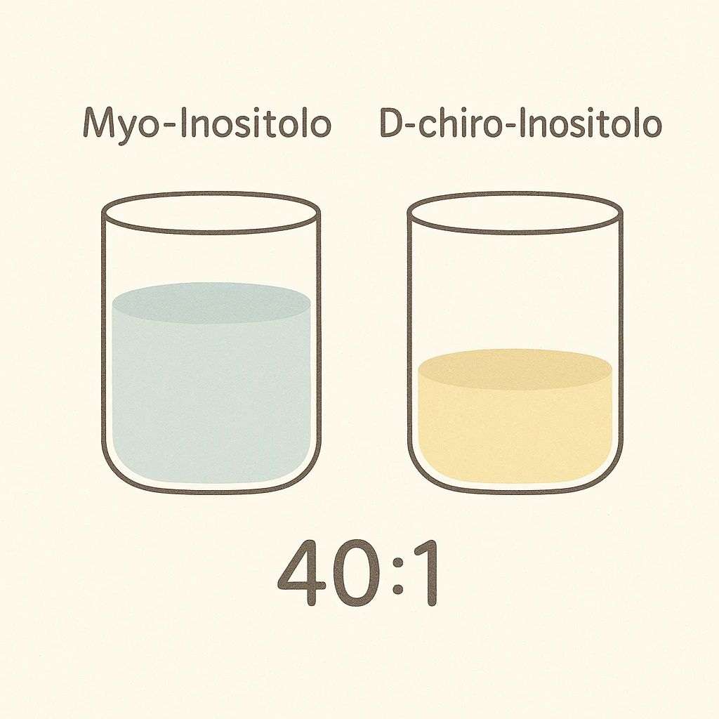 minimalist scientific infographic showing two transparent containers or two stylized molecules, one labeled 'Myo-Inositolo' and the other 'D-chiro-Inositolo', with liquid levels or quantities highlighting the correct ratio 40:1, pastel colors, white background, clean and didactic style emoji