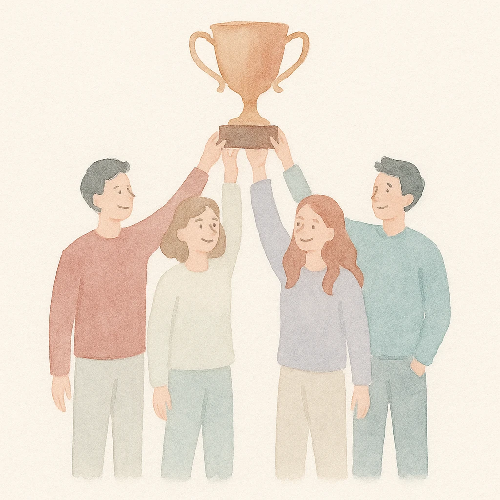 quatre étudiants soulèvent un trophée, ambiance chaleureuse, style aquarelle douce, soft watercolor textures, gentle colors emoji