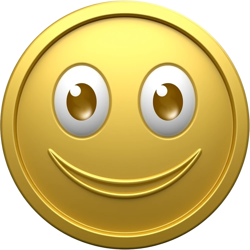 A highly detailed, realistic 3D gold coin featuring a "money face" (eyes are dollar signs with a smile) emoji