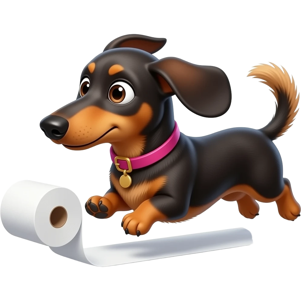 whimsical dachshund wide eyes full body chasing toilet paper emoji
