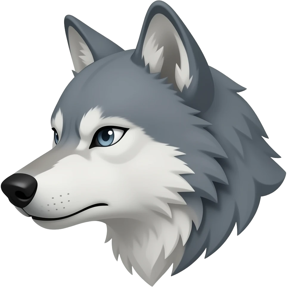 angry face light gray wolf head little bit anime eyes realistic Turn sideways light blue gray eyes dead stare emoji