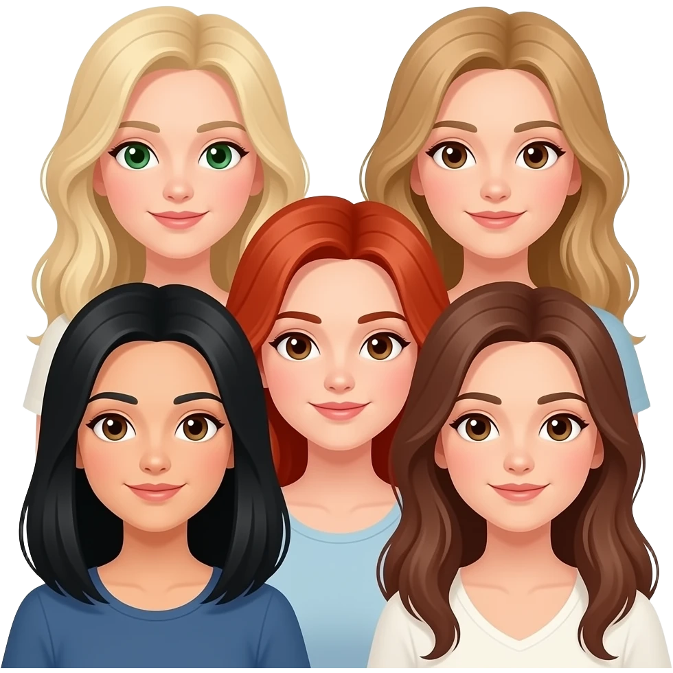 5 amigas-1 rubia ojos verdes-1 rubia ojos cafes-1 peliroja ojos cafes y morena claro-1 pelinegra ojos cafes piel clara -1 peli castaña clara ojos cafes claros emoji