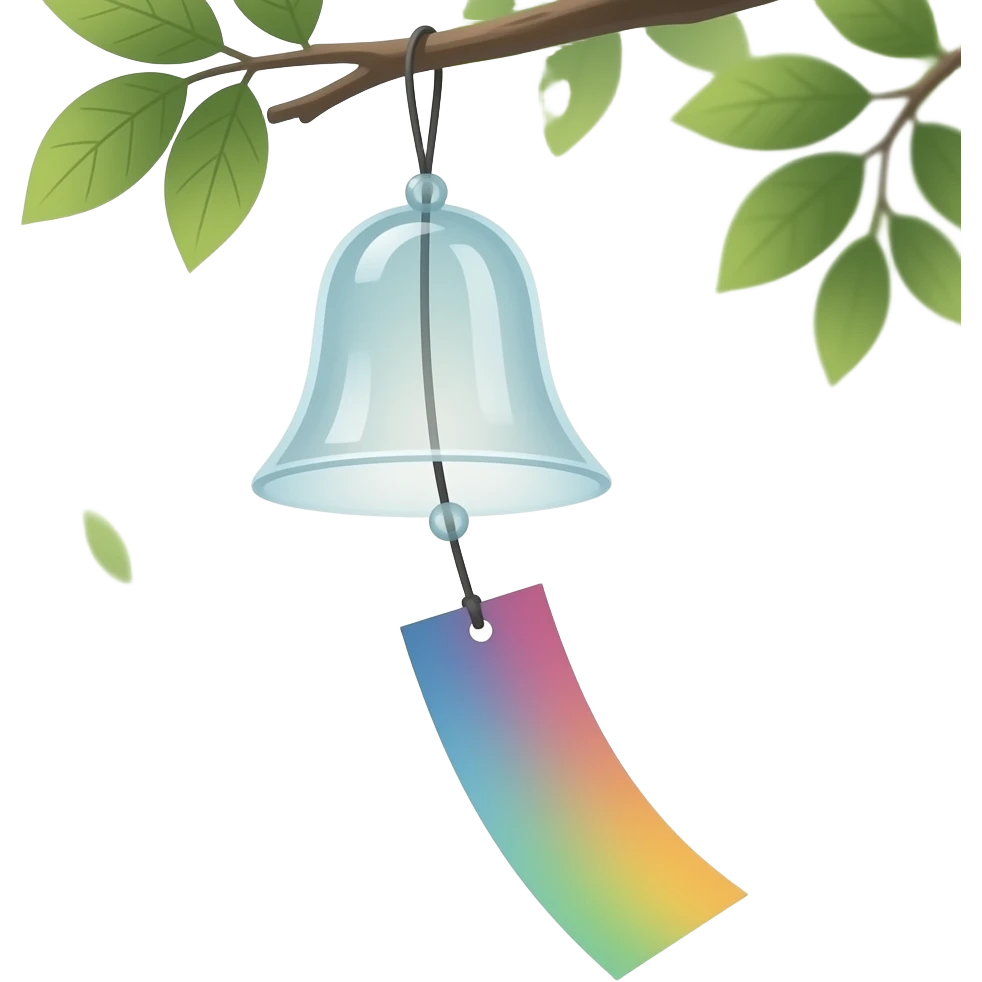 "A delicate Japanese furin wind chime hanging outdoors, with one rectangular paper strip attached below. The paper is a different color each time (random color), gently moving with the wind. Minimalist, soft lighting, calm atmosphere." emoji