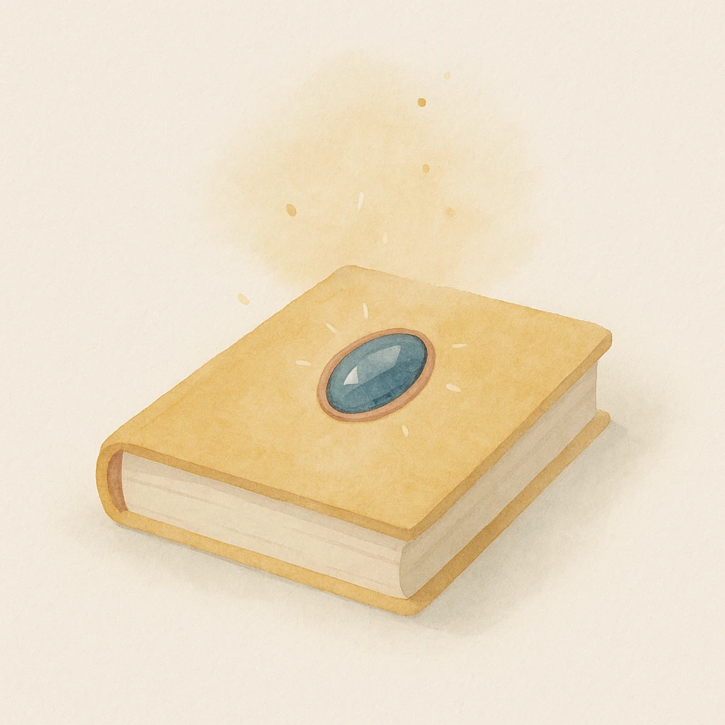 a mystic yellow book, closed with a gemstone on the cover, magical light, in a painterly style emoji