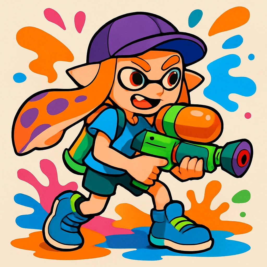 cartoonish inkling holding a paint gun, colorful ink puddles, Splatoon style, playful, vibrant, dynamic emoji