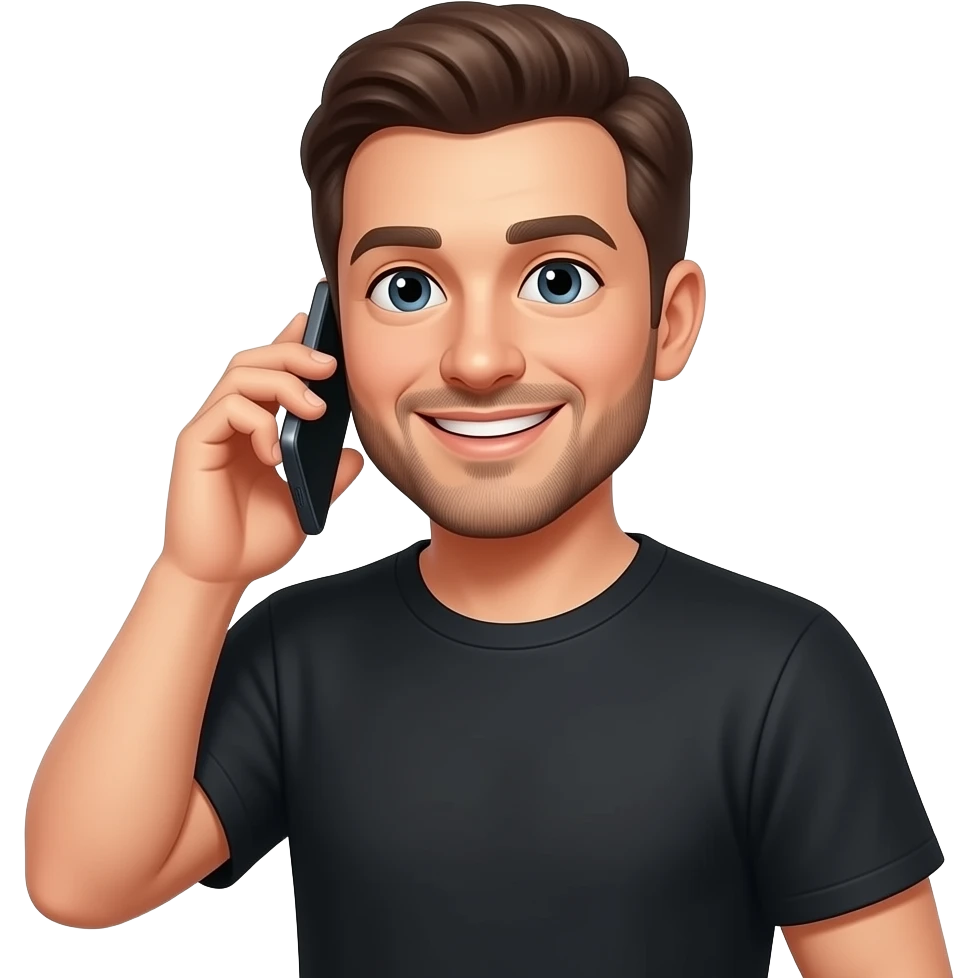 hombre de remera negra,con celular en mano,haciendo una llamada,en el rostro se refleja una sonrisa emoji