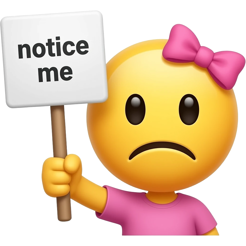 Yellow smiley with pink hairbow impatient holding up a sign that says "notice me" emoji