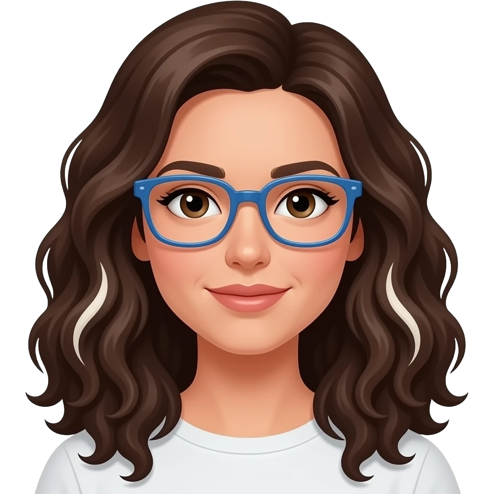 woman peachy white skin, dark brown long curly hair with a little bit of white (mixed into the dark brown, comme des mèches)), blue glasses emoji