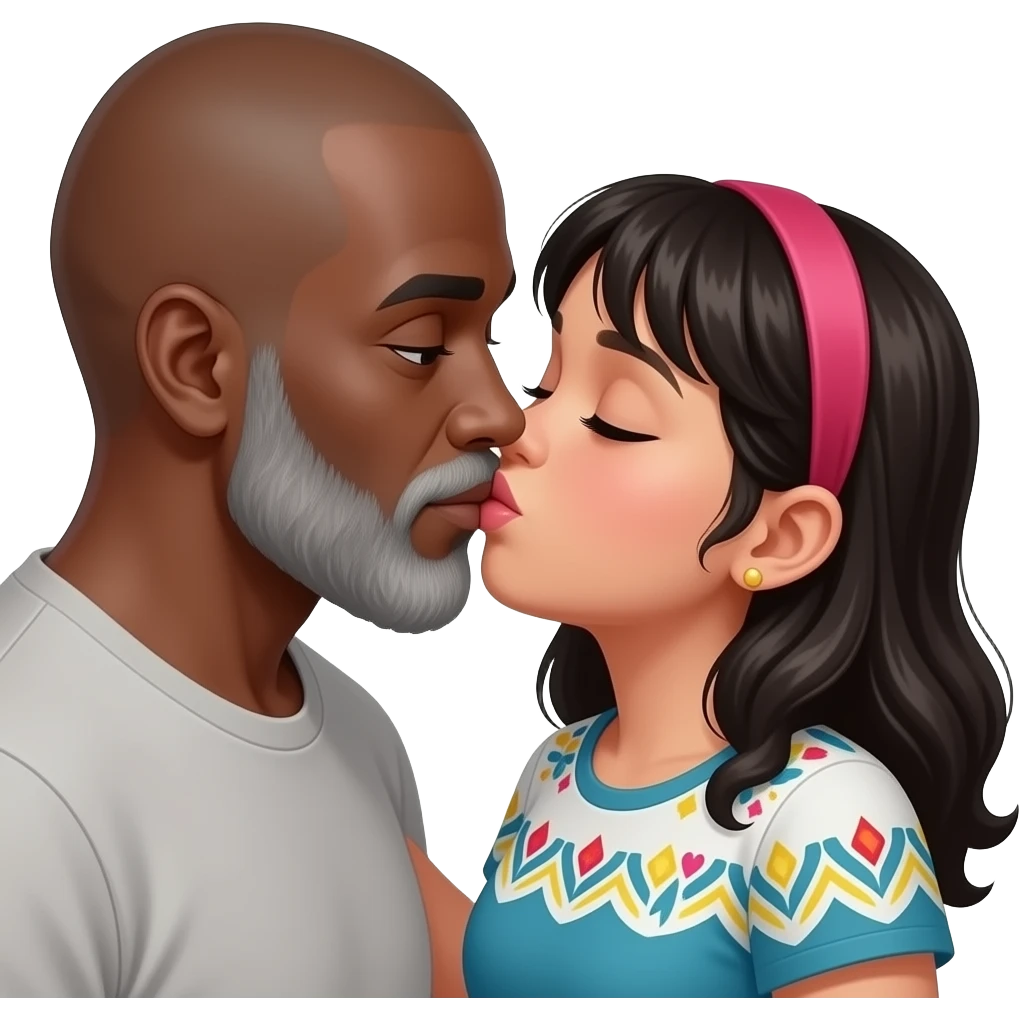 Mexican girl with bangs and a little chubby, kissing black man with grey beard td bald emoji