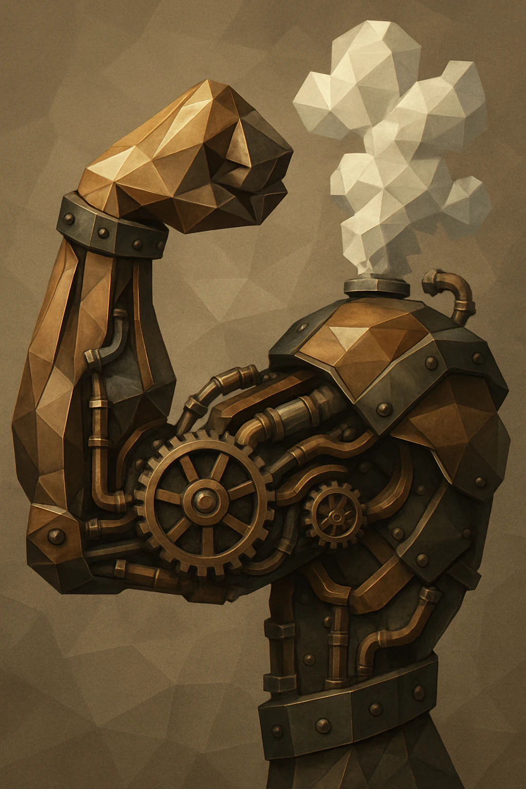 mechanical steampunk arm showing off muscles, intricate cogs, pipes, and steam, metallic textures, detailed Victorian industrial design emoji