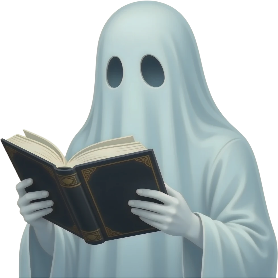 Haunting ghost realistic reading black book. Fantasy emoji