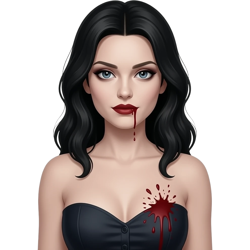 Faça uma mulher igual a katherine Pierce em forma vampira com um top reto marcando um pouco dos seios com sangue respingado perto deles emoji