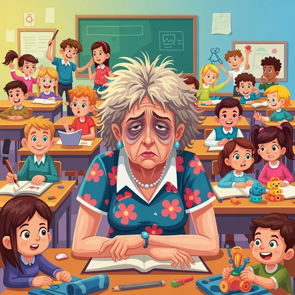 vector cartoon art of a exhausted teacher in a bustling classroom emoji